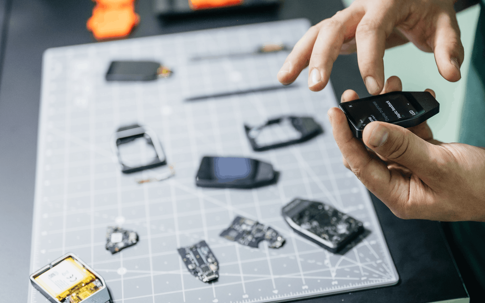 Hands examine a black wearable device over a gridded electronics work mat scattered with circuit boards and components.